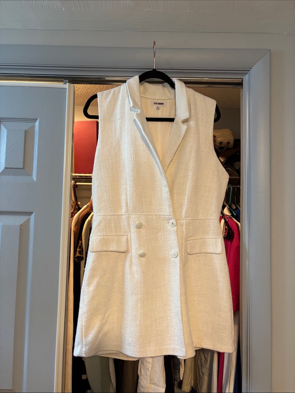 Sleeveless Double-Breasted White Textured Vest romper